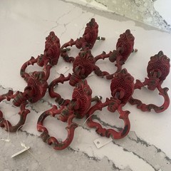 Set Of 8 Red Chippy Shabby Drawer Pulls Cabinet Knobs Boho Ornate Refinishing