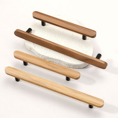 4PCS Walnut and Aluminum Alloy Black Base Pulls Door Dresser Handles Drawer Knob