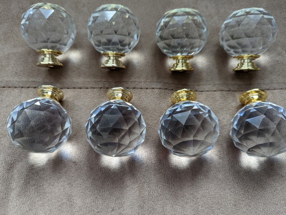 Glass Faceted Round Ball Drawer Knob Pulls w/Hardware 2″ Gold Accent New 8 Piece