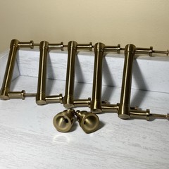 5 Brass Color cabinet pulls 4” Center 4. 1/4” Pull W/ 2 Knobs 1”Dx1”L