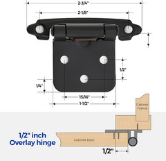 50 Pack 25 Pairs 1/2″ Overlay Cabinet Door Hinges Kitchen Black Semi-Concealed H