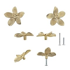 2.4 Inch Gold Flower Drawer Knobs, Gold Decorative 6 Pack Brushed Gold Brass