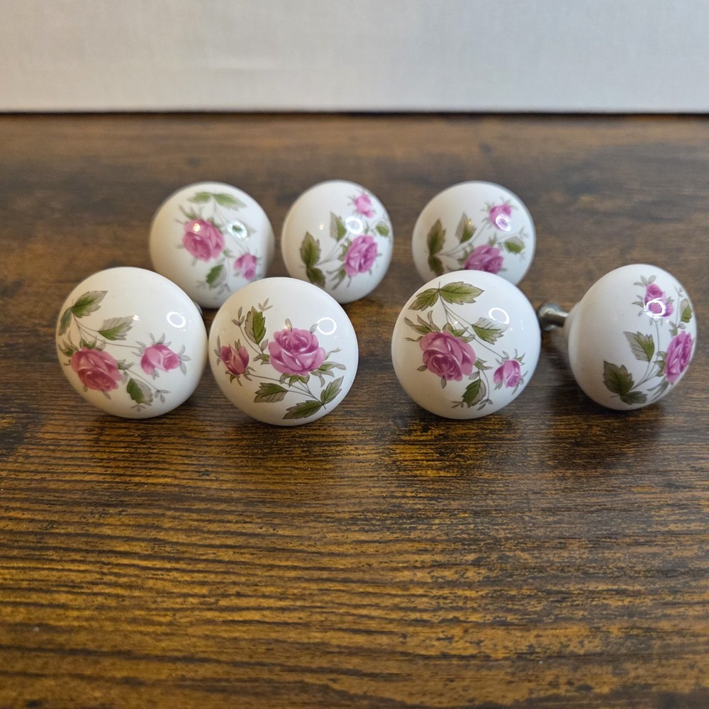 Vintage Shabby Chic Ceramic Pink Roses Cabinet Drawer Knobs Pulls Set of 7