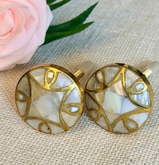 2 Hardware Knob Oyster Shell Inlaid Gold Cabinet Door Drawer Furniture Pulls VTG