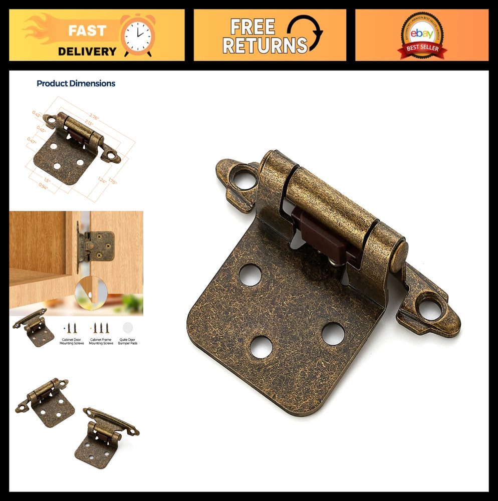 30 Pack Antique Brass Cabinet Hinges, Self-Closing, 1/2″ Overlay, Semi-Concealed