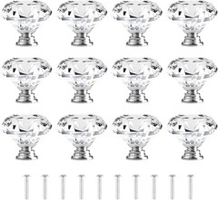 [12 PCS] 40Mm Crystal Clear Glass Cabinet Drawer Pulls, Diamond Shape Cupboard K