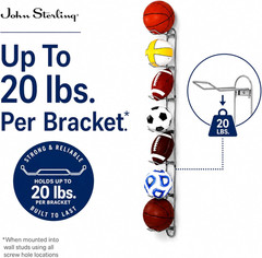 Wall Mounted Ball Rack for Garages | 7-Ball Capacity, 63-1/8 In. Tall, John Ster