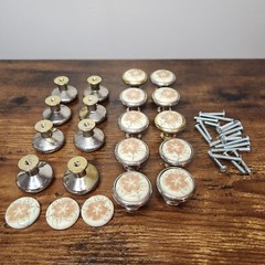 Vintage Ceramic & Brass Drawer Knobs White Red Flower Japan Reclaimed 1″