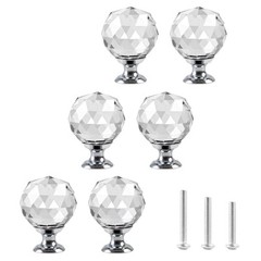 6pcs Clear Crystal Glass Door Knobs Round Diamond Wardrobe Doorknob Round-6pack