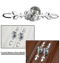 2 Pack Silver Diamond Clear Crystal Glass Decorative Knobs with Plate New