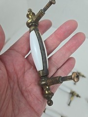 6 Antique White Porcelain & Brass 5” Drawer Pull Handles w Screws & Heavy Patina