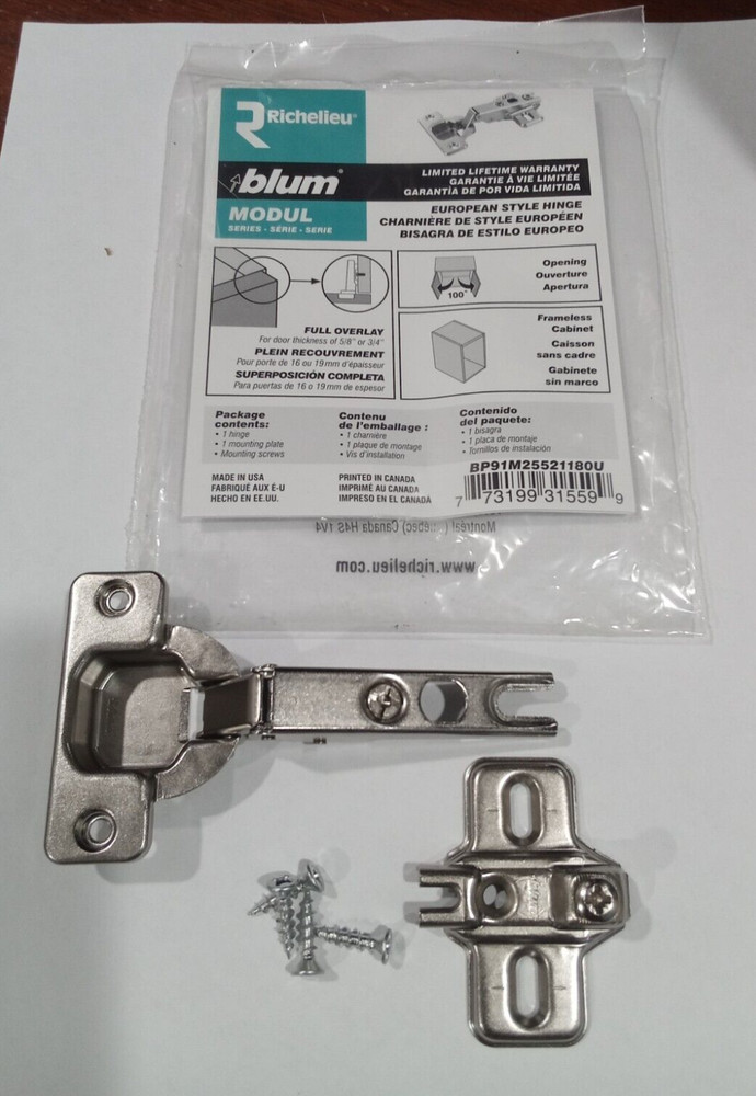 NEW BLUM 100-degree Full Overlay Modul Hinge, 70.255 w/ plate 193L610-01.02