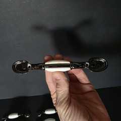 Vtg 20 Wht Porcelain & Gun Metal Gray Spoon Foot Cabinet Pulls 5″ Long 3″Centers