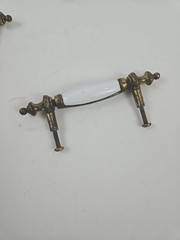 6 Antique White Porcelain & Brass 5” Drawer Pull Handles w Screws & Heavy Patina