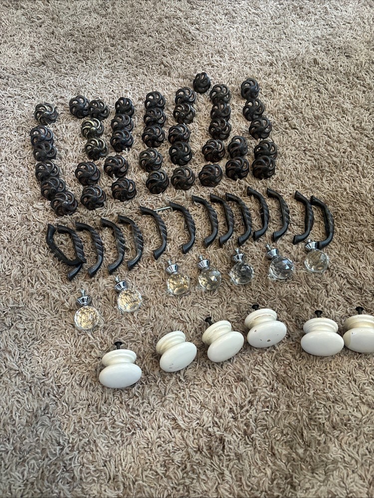 Lot of 68 Metal, Wood, Glass Drawer Knobs Cabinet Pulls Mixed Look
