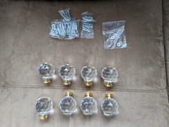 Glass Faceted Round Ball Drawer Knob Pulls w/Hardware 2″ Gold Accent New 8 Piece