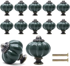 12 Pack Dark Green Pumpkin Knobs Ceramic Cabinet Knobs Retro Dresser Knob