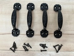 Vtg Solid Cast Iron Kitchen Cabinet Door Ornamental Handles Set Of 4 Black Paint
