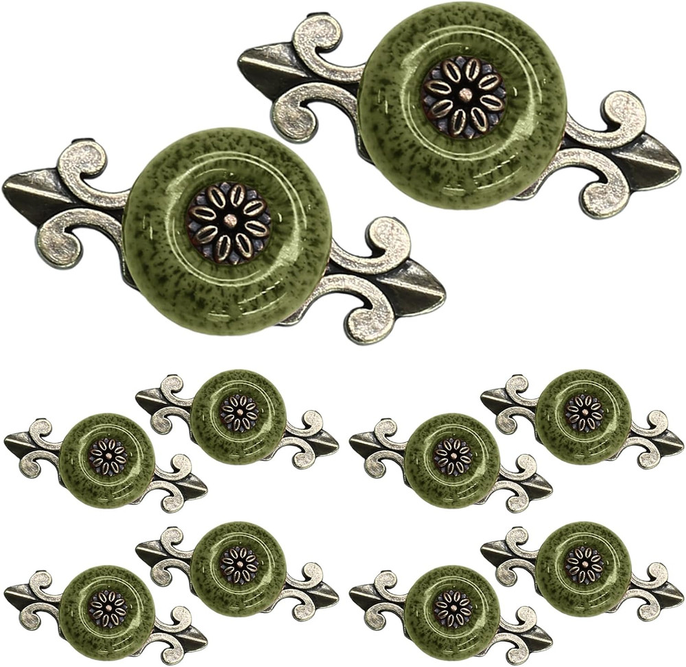 10pcs Ceramic Knobs Green Dresser Knobs with Pattern, Vintage Cabinet Knobs with