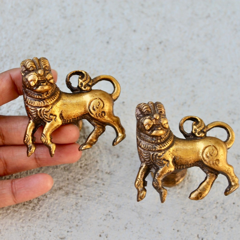 Antique Lion knob Vintage dresser drawer Bronze cabinet VTG mid century Brass