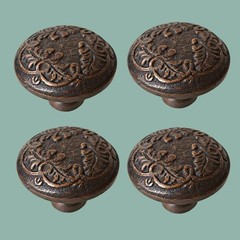 Victorian Cast Iron Cabinet Knobs Antique Brass Finish Embossed Leaves Set 4 NEW
