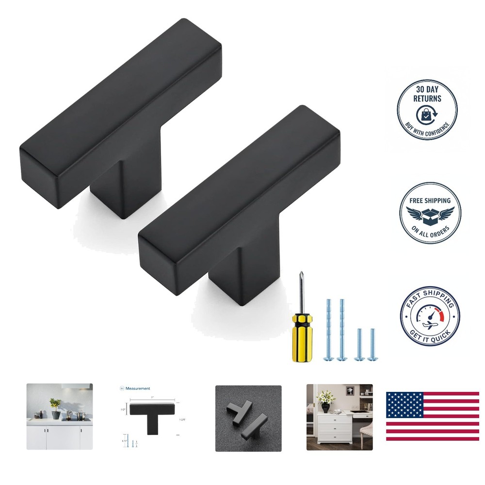 Set of 3 Easy Install Matte Black Square Handles for Cabinets & Drawers