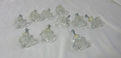 Lot of 10 Glass Rose Shaped Drawer Pulls Cabinet Knobs Clear Full Set Pre-owned
