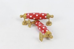 Unique Red and White Dots Ceramic Cabinet Door Pulls Handles with Brass Accents