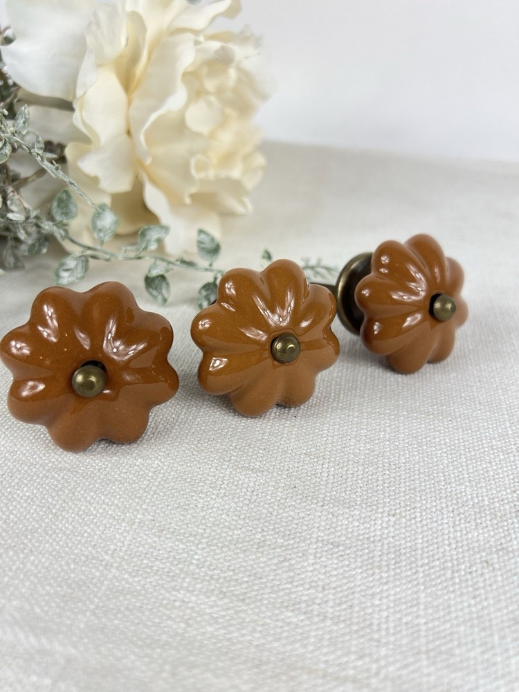 Set of 3 Pumpkin Melon Ceramic Drawer Knobs Pull Rust Antique Brass Hardware NEW