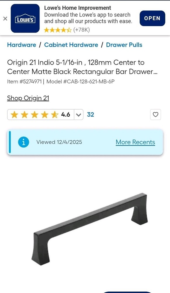 Origin 21 Cabinet Pulls 5-1/16″ CT CAB-128-626-MB-6P Matte Black 1 Box 6 Qty