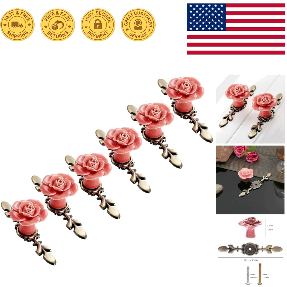 6 Pack Handcrafted Pink Rose Cabinet Pulls with Decorative Bronze Backplates