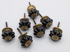 Lot 7 Vintage Black Ceramic Melon Cabinet Knobs Brass Drawer Pulls 1.5″