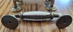 6 VTG Brass & Porcelain Cream w/ Speckles Ceramic Cabinet Drawer Handles Pulls