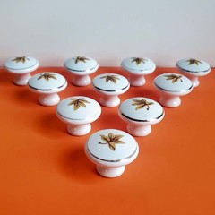 Lot of 10 Vintage Porcelain Knobs Drawer Pulls with Autumn Leaves decoration
