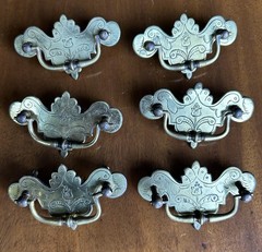 6 Antique ENGLISH Brass Chippendale Style Pulls 3.75” batwing Victorian era