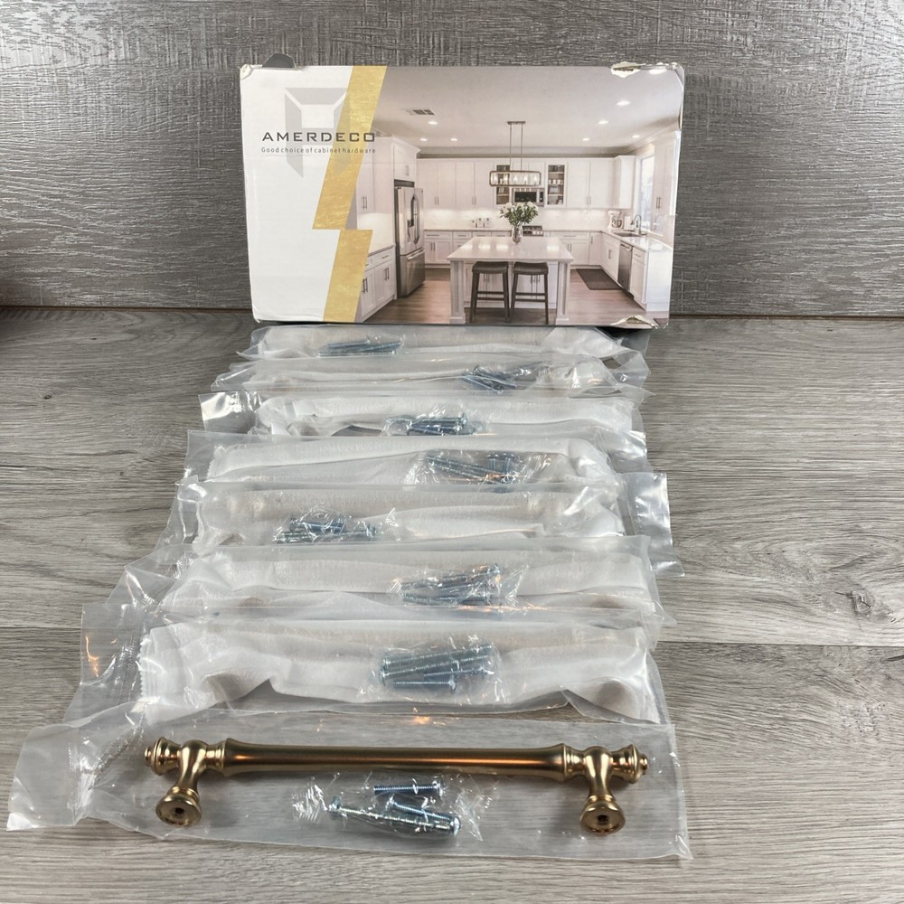 Amerdeco 8 Pack Brushed Brass Dresser/Cabinet Handles Pulls 8 Inch