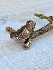 1 Antique Gold Bird On Branch Metal Drawer Pull Cottage Nature Metallic Handle