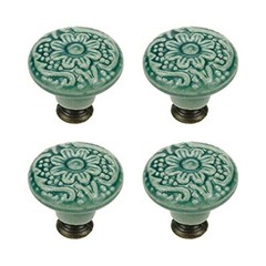 4 Pcs Round Ceramic Drawer Knobs Cabinet Furniture Handle Vintage Flower Green