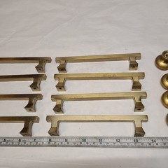 Lot of (8) Gold Square Brushed Satin Brass Cabinet Handles Pulls with (4) Knobs