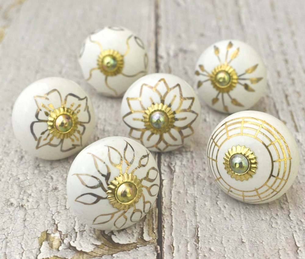 Gold and White Ceramic Door, Cabinet, Cupboard, Kitchen Knobs and Pulls,set of 6