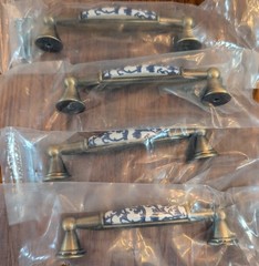 NEW 4 Pk Blue & White Floral Ceramic Cabinet Handles Antique Gold Drawer Pulls
