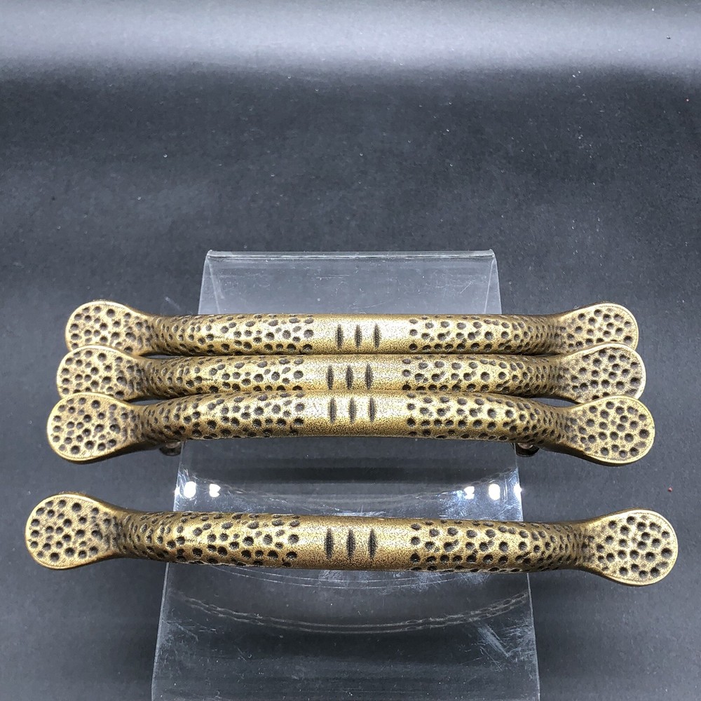 Hammered Brass Cabinet Pulls Drawer Handles Kitchen 6″ Lg 3.75” Center 4 Pieces