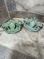 2 Vintage Ornate Metal Cabinet Pulls Distressed Verdigris Green Drawer Handles