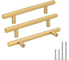 10 Pack 4 Inch Hole Centers Brushed Brass Solid Cabinet Pulls Drawer Handles