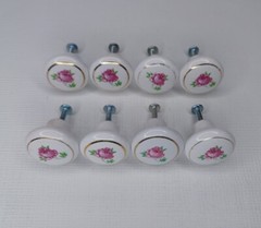 Ceramic Cabinet Knobs Drawer Pulls Rose Pattern With Gold Trim Set Of 8