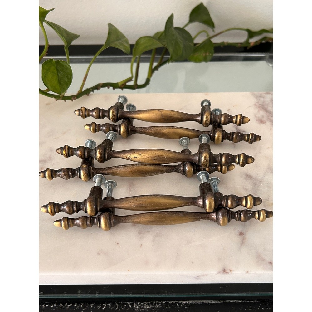 Vintage Amerock 1968 Brass Spindle Drawer Pulls Set of 6 MCM Handles 3in