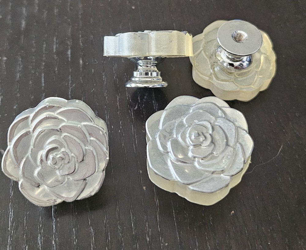 White Silver Rose Drawer Knobs Set of 6