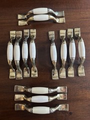 Lot 13 Cabinet Kitchen Bath Drawer Handles Pulls Brass Color Cream Ivory VTG