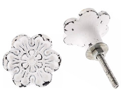 2 Cast Iron White Flower Pull Knobs Shabby Chic Cottage Core Distressed Hardware