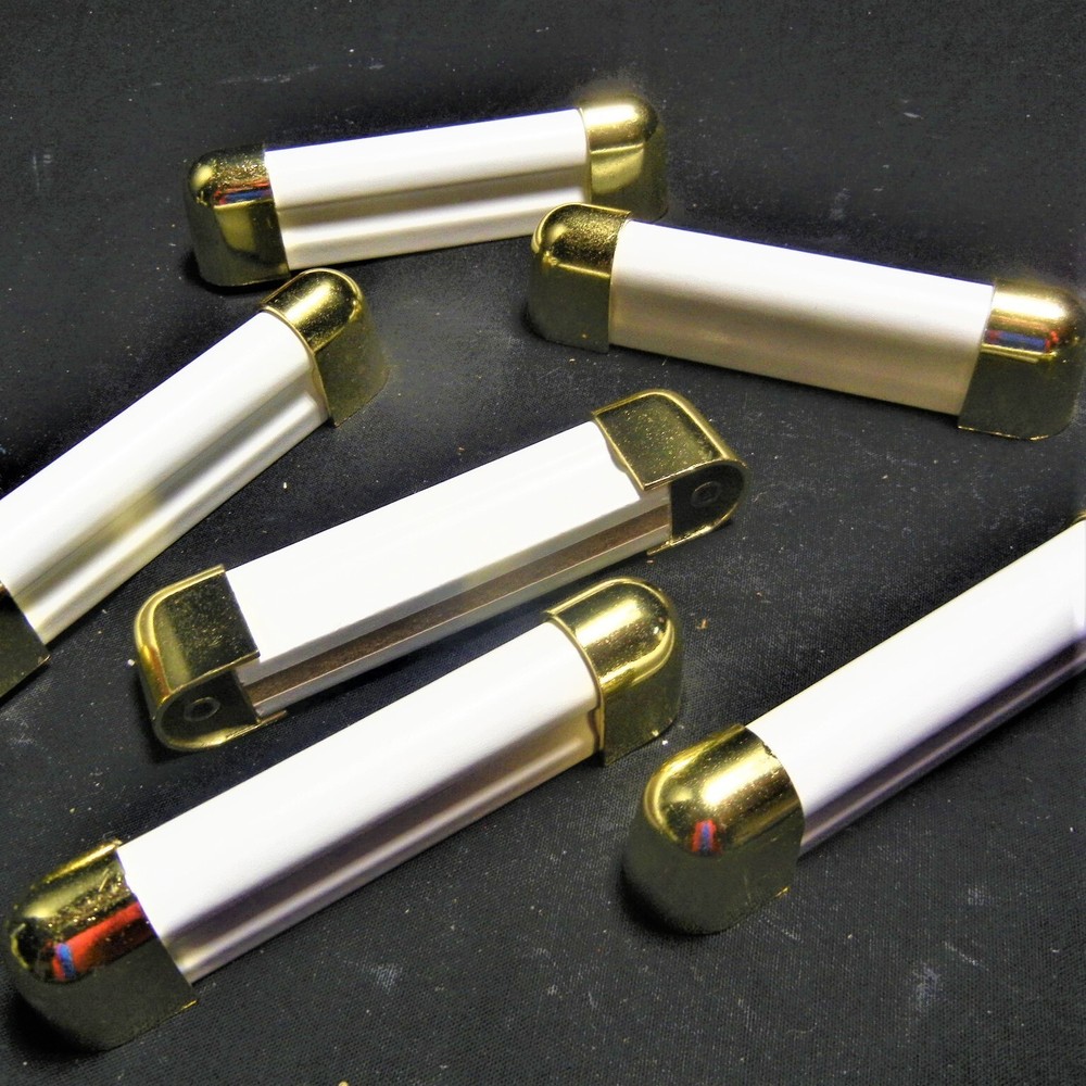 Set of 6 Cabinet Drawer Handle Pulls White WOOD Metal Caps 4 inches hole to hole
